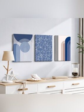 Abstract Wall Art Set of 3 Blue Canvas Prints 16x24 Framed Boho Decor
